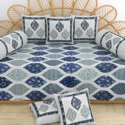 Living Roots Printed Blue 300 TC Cotton Single Diwan - Set of 8-21