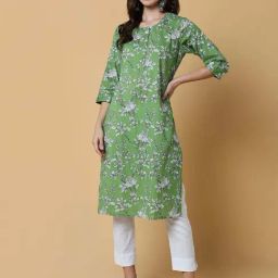 SHOWOFF Green Printed Straight Kurta-image-30
