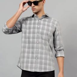 Cantabil Grey Cotton Regular fit Checks Shirts-image-30