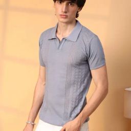 Campus Sutra Grey Regular Fit Self Pattern Polo T-Shirt-13
