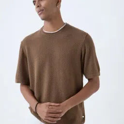 ETA by Westside Brown Knit-Textured Relaxed-Fit Cotton T-Shirt-picture-11