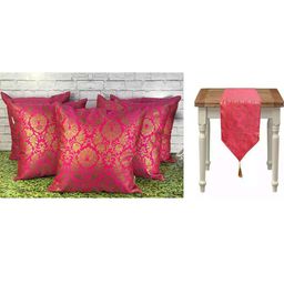 Pink Parrot Pink & Gold Floral Silk Table Runner With 5 Pieces cushion covers-image-28