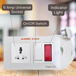 Elegant 3 Core 1.5 mm Cable 3 Pin Top 6 Amp Universal 1 Socket & 1 Switch ABS White Extension Board with Indicator 3 m Cable Length image 2