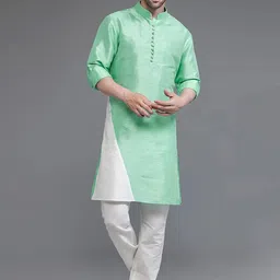 Utsav Fashion Men Colourblocked High Slit Dupion Silk Kurta with Trousers-image-84