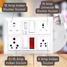Elegant 3 Core 1.5 mm Cable 3 Pin Top 6 & 16 Amp 4 Socket, 2 Switch ABS White Extension Board with Indicator and MCB 3 m Cable Length image 2