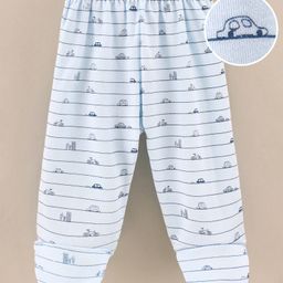 Child World Cotton Knit Footed Bootie Leggings Striped & Cars Printed - Sky Blue-image-98