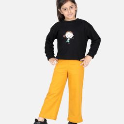 Aww Hunnie Full Sleeves Doll Placement Printed Top & Pajama Set - Black & Mustard Yellow-image-2