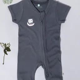 Cocoon Care Bamboo Fabric Half Sleeves Sleeping Owl & Crescent Moon Placement Embroidered Front Zip Up Short Romper - Navy Blue-picture-20