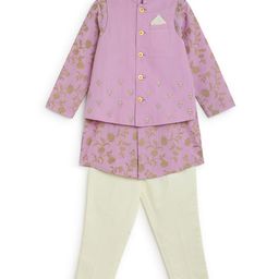 Tiber Taber Full Sleeves Floral Print Kurta With Embroidered Waistcoat And Pyjama - Purple-image-44
