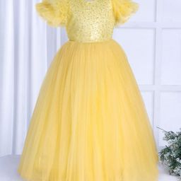 Ministitch Layered Short Sleeves Sequin & Pearl Embellished Bodice Fit & Flare  Mesh Ball Gown - Lemon Yellow-image-60
