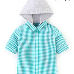 Babyoye 100% Cotton Full Sleeves Check Shirt With Detachable Hood - Green & White-image-3