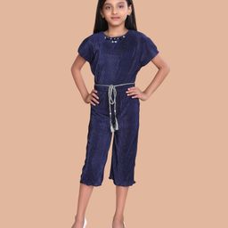 Tiny Girl Half Sleeves Rose Applique Accordion Pleated Jumper -Navy Blue-image-39