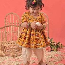 Vastramay Three Fourth Sleeves Patola Printed & Gota Lace Embellished Kurta With Dhoti Pant -  Yellow-image-16