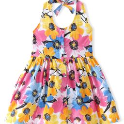 Babyhug Cambric Woven Sleeveless Halter Neck Frock With Floral Print - Multicolor-picture-21