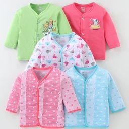 OHMS Single Jersey Knit Front Open Striped & Heart Printed Vests Pack of 5 - Green Pink & Blue-image-32