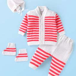 Babyhug Knitted Full Sleeves Striped Front Open Sweater Set with Pair of Booties & Cap - Red & White-image-85