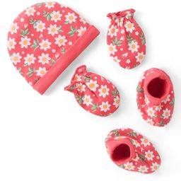 Babyhug 100% Cotton Knit Cap Mittens & Booties Set Floral Print - Red-image-38