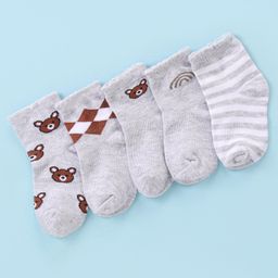 Doodle Poodle Cotton Knit Ankle Length Bear Print Socks Pack of 5- Grey-image-49