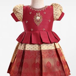 Enfance Cotton Silk Half Puffed Sleeves Banarasi Printed Pattu Pavdai Dress - Maroon-picture-12