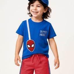 Babyhug Marvel Single Jersey Knit Half Sleeves T-Shirt & Shorts Set With Spider Man Graphics & Pocket Detailing - Blue & Red-picture-9