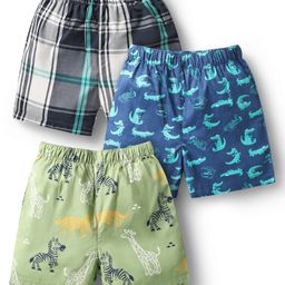 Babyhug Cotton Woven Boxers with Checks & Animal Print Pack Of 3 - Black Green & Navy Blue-image-84