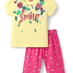Babyhug Cotton Knit Half Sleeves Capri Night Suit with Butterfly & Smile Text Print - Yellow & Dark Pink-image-86
