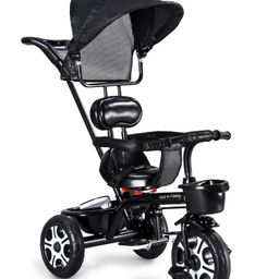 Kids Tricycle With 360 Degree Rotating Seat & Canopy - Black| Removable Parental Handle| Safety Harness| Secure Front Bar| Foldable Footrest| Non-slip Pedal| Storage Basket| Comfortable Seat-1