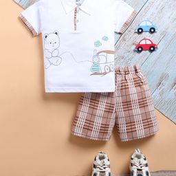 TOONYPORT Cotton Half Sleeves Teddy Bear & Train Printed Polo Tee & Shorts Set - White-image-20