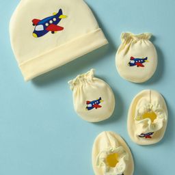 Ben Benny 100% Cotton Knit Cap Mitten & Booties Set with Aeroplane Print White - Diameter 11 cm-16