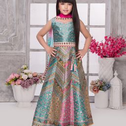 Tiny Kingdom Sleevless Floral & Chevron Printed Mirror Work Detailed Lace Embellished Lehenga Choli With Dupatta Set - Green-image-72