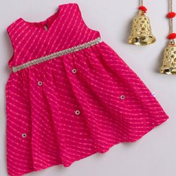 Many frocks & Georgette Woven Sleeveless Leheriya Printed Gota Lace Embellished Dress - Pink-image-62