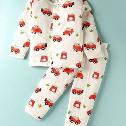 Doreme Single Jersey Knit Full Sleeves Co-ords Night Suit with Car Print - White-image-86