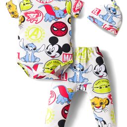 Babyhug Disney Interlock Knit Half Sleeves Onesie & Diaper Legging With Pony Cap Set Disney Character Print- White-picture-24