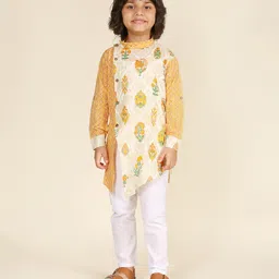 LIL PITAARA Pure Cotton Woven Full Sleeves Floral & Chevron Printed Kurta Pyjama Set - Yellow-picture-30