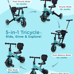 Babyhug Most Advanced 5 in 1 Tricycle with Adjustable Parent Handle - Aqua Blue image 2