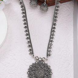 Sangria Women Silver Toned Floral Shape Oxidized Necklace with Jhumka Earrings-51