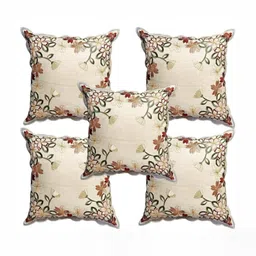 MONKDECOR Maroon & Cream-Coloured Set of 5 Floral Embroidered Square Cushion Covers-39