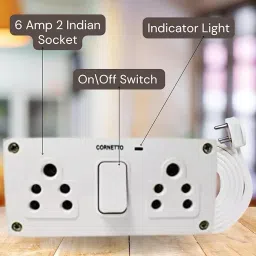 Elegant 3 Core 1.5 mm Cable Size 3 Pin Top 6 Amp 2 Socket 1 Switch ABS White Extension Board with Indicator 15 m Cable Length image 2