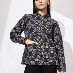 Globus Black Cotton Relaxed Fit Print Shrug-21