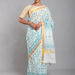 Exotic India Cannoli-Cream Warli Folk Art Motifs Cotton Saree with Golden Border-image-90