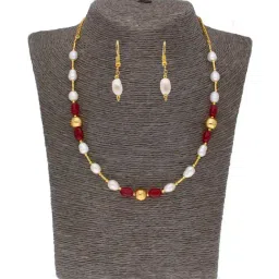 Sri Jagdamba Pearls Red & White Pearl Gold Plated Necklace Set-image-90