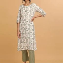 Folksong By W White & Green Printed A Line Kurta-41