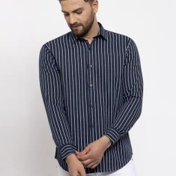 Jainish Navy Regular Fit Striped Shirt-image-14