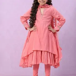 BIBA Girls Coral Solid Full Sleeves Kurta, Churidar with Dupatta-image-52