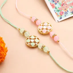 Anouk Pack Of 2 Studded & Beaded Floral Bhaiya Bhabhi Rakhi & Roli Chawal Chandan Mishri-26