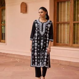 House Of Chikankari Black Cotton Chikankari Kurti-image-53