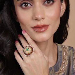Panash Gold Plated Stone Studded & Beaded Adjustable Finger Ring-6