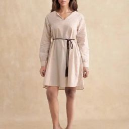 RAREISM Beige Cotton Striped Long Sleeves Dress-picture-15