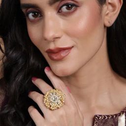 Panash Gold Plated Kundan Stone Studded & Beaded Adjustable Finger Ring-11