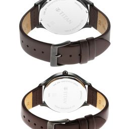 Titan Unisex Set of 2 Green Dial & Brown Leather Straps Analogue His and Her Watches image 2